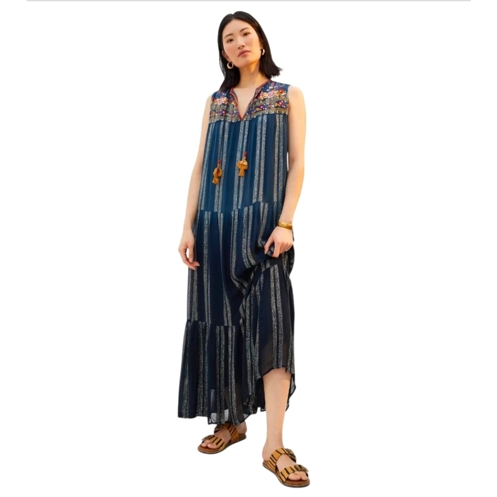 Anthropologie Verb Boho Floral Embroidered Metallic Maxi Dress. Size Medium